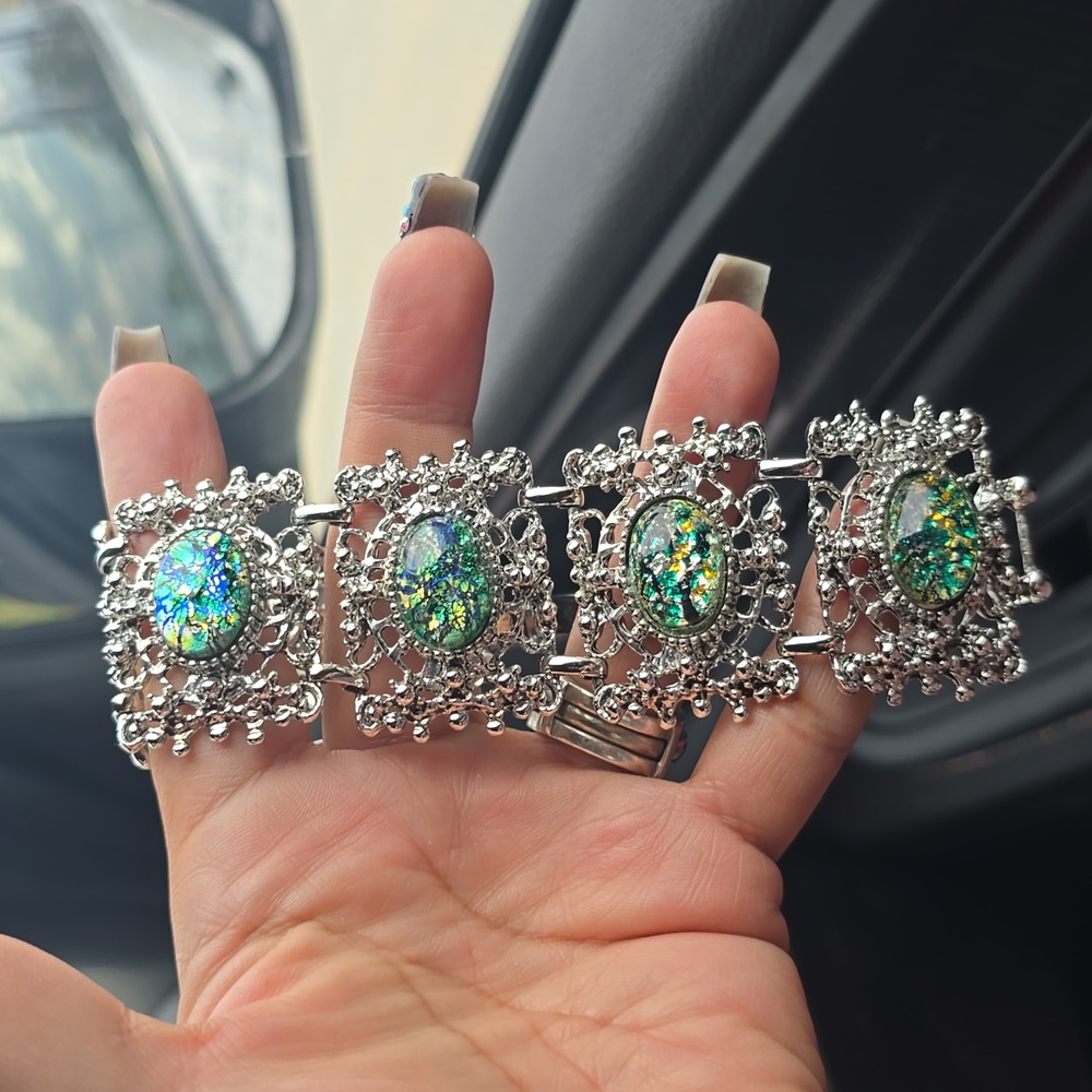 SOLD***Vintage 1950s Unsigned Selro Selini Green Confetti Panel Bracelet Silver - Picture 3 of 5